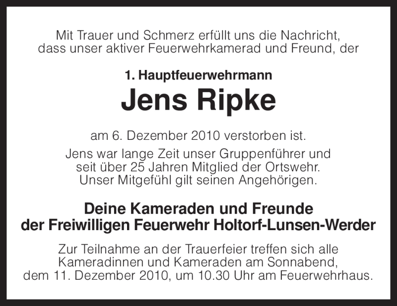  Traueranzeige für Jens Ripke vom 09.12.2010 aus KREISZEITUNG SYKE