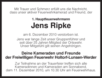 Traueranzeige von Jens Ripke von KREISZEITUNG SYKE