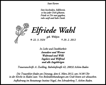 Traueranzeige von Elfriede Wahl von KREISZEITUNG SYKE