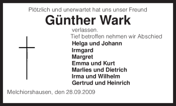 Traueranzeige von Günther Wark von KREISZEITUNG SYKE