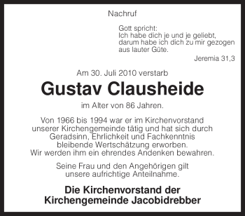 Traueranzeige von Gustav Clausheide von KREISZEITUNG SYKE