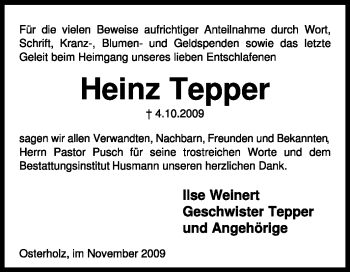 Traueranzeige von Heinz Teper von KREISZEITUNG SYKE