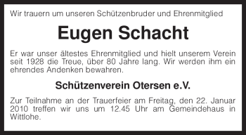 Traueranzeige von Eugen Schacht von KREISZEITUNG SYKE