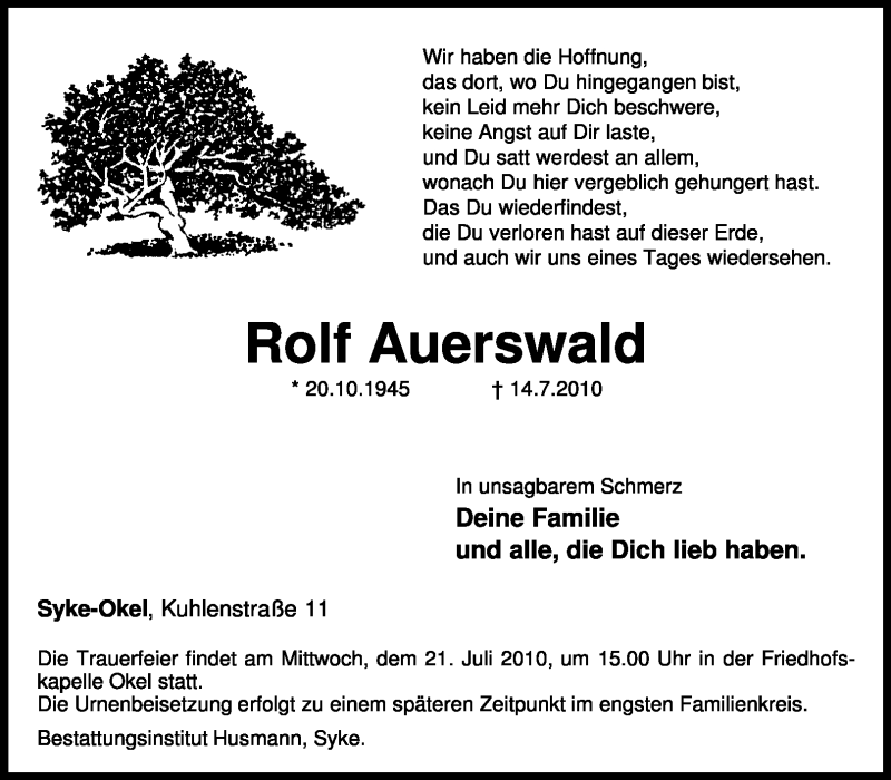  Traueranzeige für Rolf Auerswald vom 16.07.2010 aus KREISZEITUNG SYKE