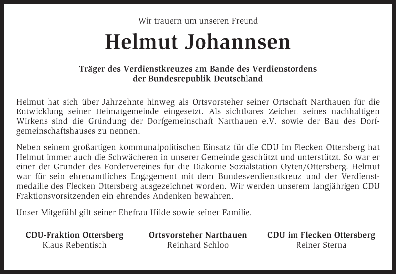  Traueranzeige für Helmut Johannsen vom 27.02.2015 aus KRZ