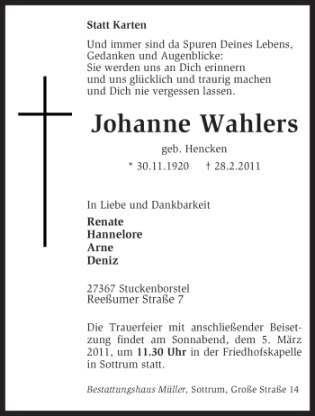 Traueranzeige von Johanne Wahlers von KREISZEITUNG SYKE