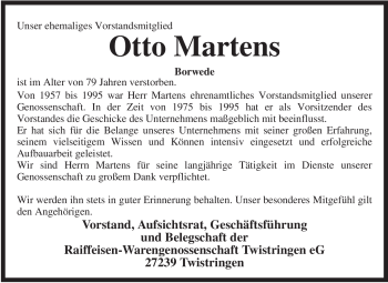 Traueranzeige von Otto Martens von KREISZEITUNG SYKE