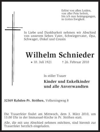 Traueranzeige von Wilhelm Schnieder von KREISZEITUNG SYKE