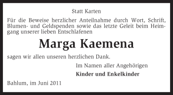 Traueranzeige von Marga Kaemena von KREISZEITUNG SYKE