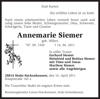 Traueranzeige von Annemarie Siemer von KREISZEITUNG SYKE