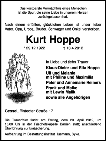 Traueranzeige von Kurt Hoppe von KREISZEITUNG SYKE