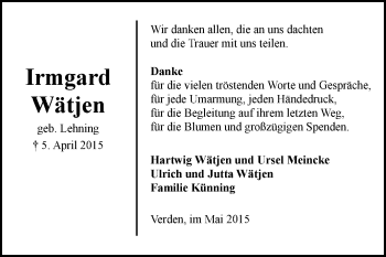 Traueranzeige von Irmgard Wätjen von KRZ