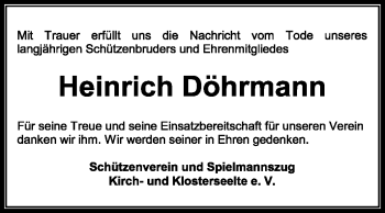 Traueranzeige von Heinrich Döhrmann von KREISZEITUNG SYKE