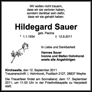 Traueranzeige von Hildegard Sauer von KREISZEITUNG SYKE