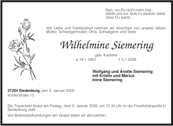 Traueranzeige von Wilhelmine Siemering von KREISZEITUNG SYKE