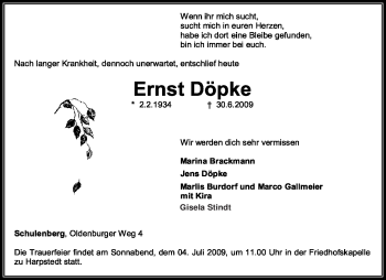 Traueranzeige von Ernst Döpke von KREISZEITUNG SYKE