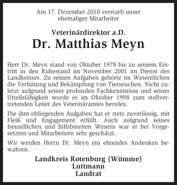 Traueranzeige von Matthias Meyn von KREISZEITUNG SYKE