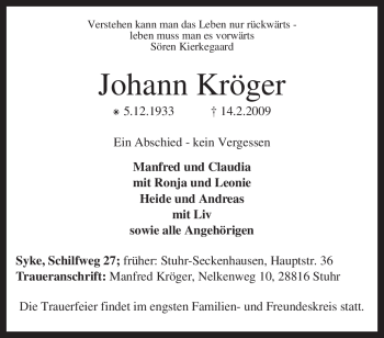 Traueranzeige von Johann Kröger von KREISZEITUNG SYKE
