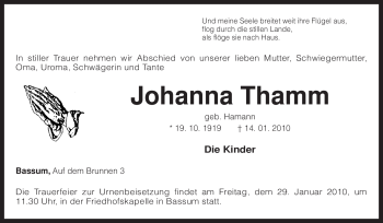 Traueranzeige von Johanna Thamm von KREISZEITUNG SYKE