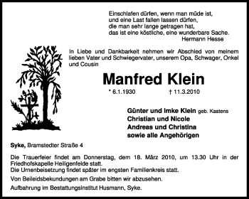 Traueranzeige von Manfred Klein von KREISZEITUNG SYKE