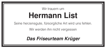 Traueranzeige von Hermann List von KREISZEITUNG SYKE