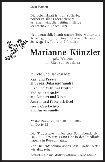 Traueranzeige von Marianne Künzler von KREISZEITUNG SYKE