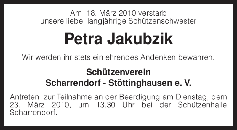  Traueranzeige für Petra Jakubzik vom 20.03.2010 aus KREISZEITUNG SYKE