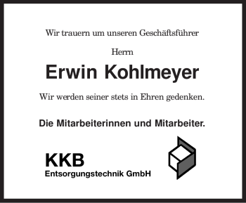 Traueranzeige von Erwin Kohlmeyer von KREISZEITUNG SYKE