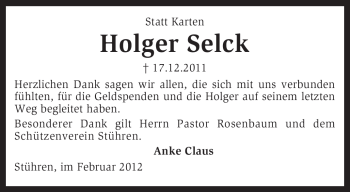 Traueranzeige von Holger Selck von KREISZEITUNG SYKE