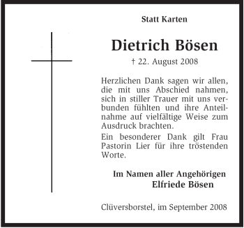 Traueranzeige von Dietrich Bösen von KREISZEITUNG SYKE