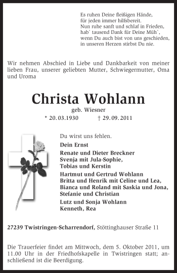 Traueranzeige von Christa Wohlann von KREISZEITUNG SYKE