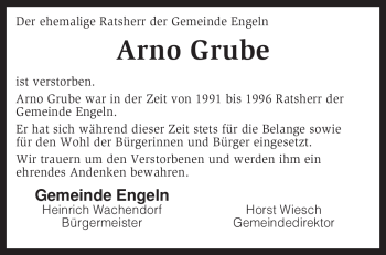 Traueranzeige von Arno Grube von KREISZEITUNG SYKE