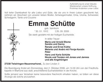 Traueranzeige von Emma Schütte von KREISZEITUNG SYKE