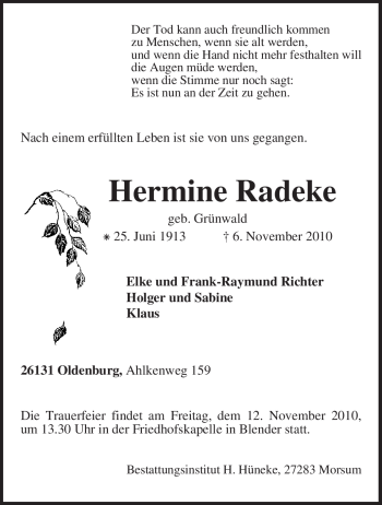 Traueranzeige von Hermine Radeke von KREISZEITUNG SYKE