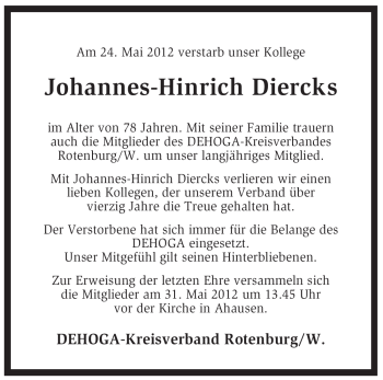 Traueranzeige von Johannes-Hinrich Diercks von KREISZEITUNG SYKE