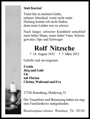 Traueranzeige von Rolf Nitzsche von KREISZEITUNG SYKE