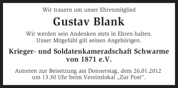 Traueranzeige von Gustav Blank von KREISZEITUNG SYKE