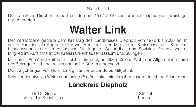  Traueranzeige für Walter Link vom 20.01.2010 aus KREISZEITUNG SYKE