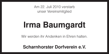 Traueranzeige von Irma Baumgardt von KREISZEITUNG SYKE