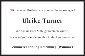 Traueranzeige von Ulrike Turner von KREISZEITUNG SYKE