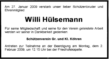 Traueranzeige von Willi Hülsemann von KREISZEITUNG SYKE