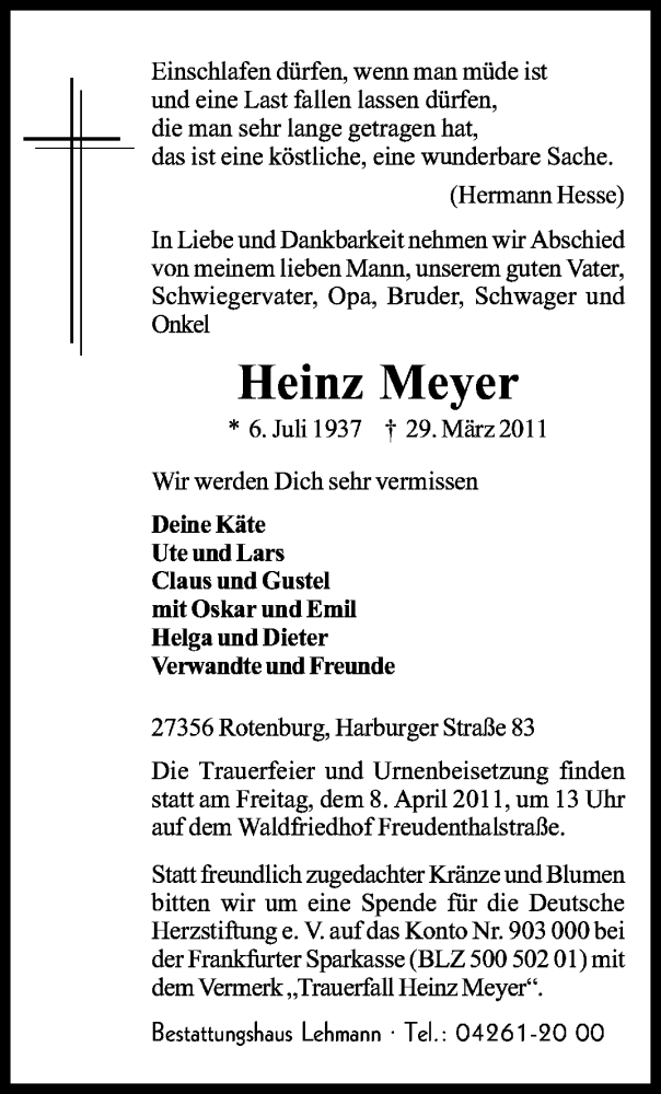  Traueranzeige für Heinz Meyer vom 02.04.2011 aus KREISZEITUNG SYKE