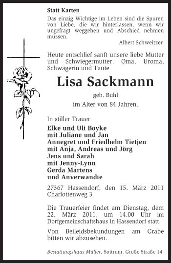 Traueranzeige von Lisa Sackmann von KREISZEITUNG SYKE