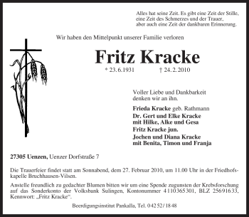 Traueranzeige von Fritz Kracke von KREISZEITUNG SYKE