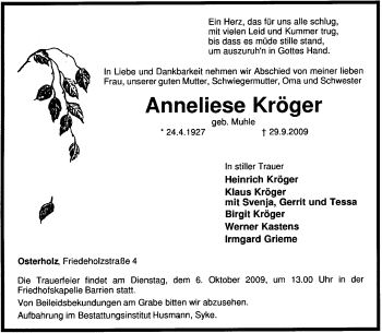 Traueranzeige von Anneliese Kröger von KREISZEITUNG SYKE