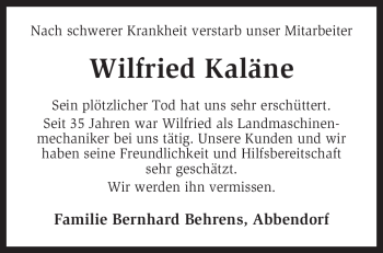 Traueranzeige von Wilfried Kaläne von KREISZEITUNG SYKE