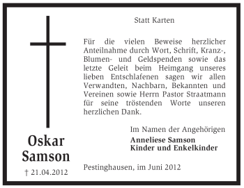 Traueranzeige von Oskar Samson von KREISZEITUNG SYKE