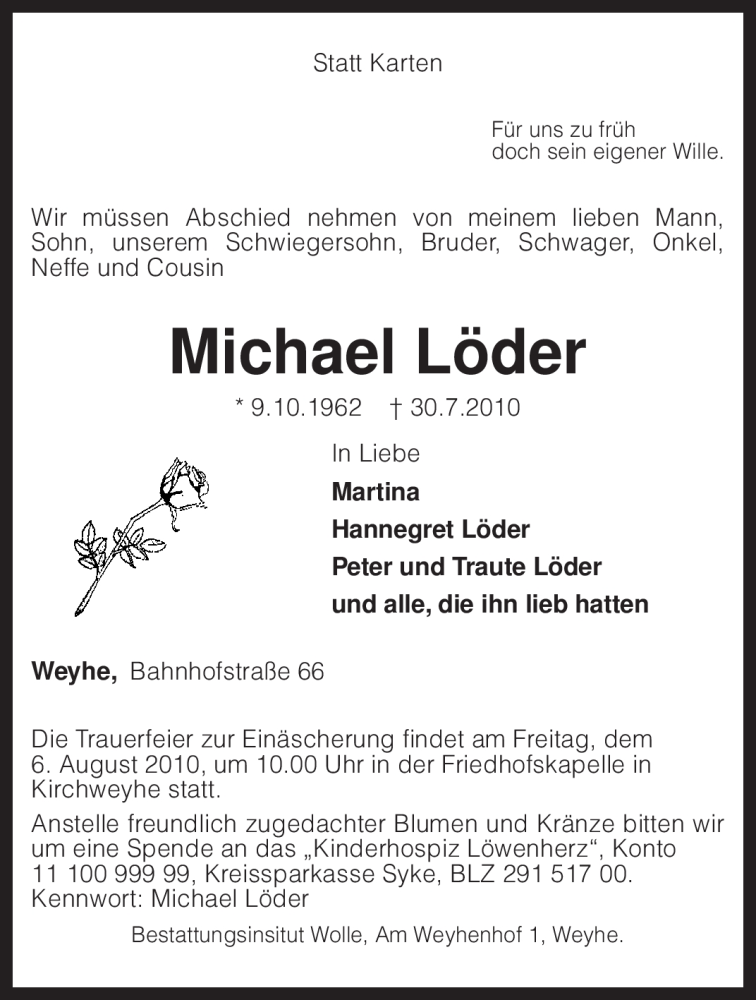  Traueranzeige für Michael Löder vom 03.08.2010 aus KREISZEITUNG SYKE