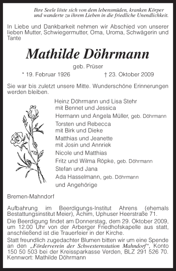 Traueranzeige von Mathilde Döhrmann von KREISZEITUNG SYKE