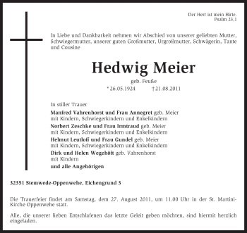 Traueranzeige von Hewig Meier von KREISZEITUNG SYKE